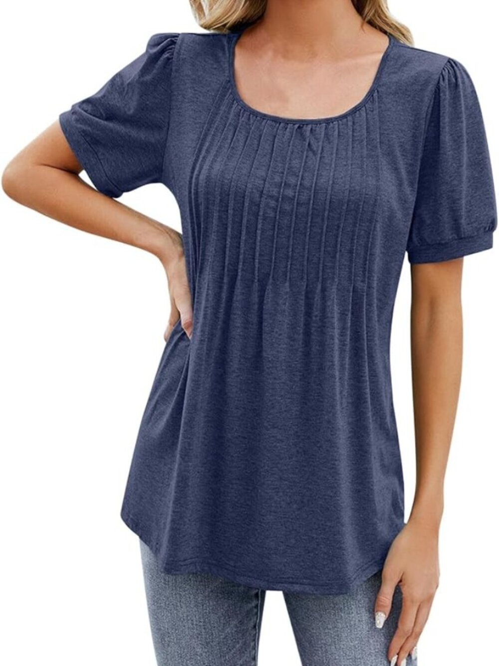 Round Neck Pleated Front Loose Blouse